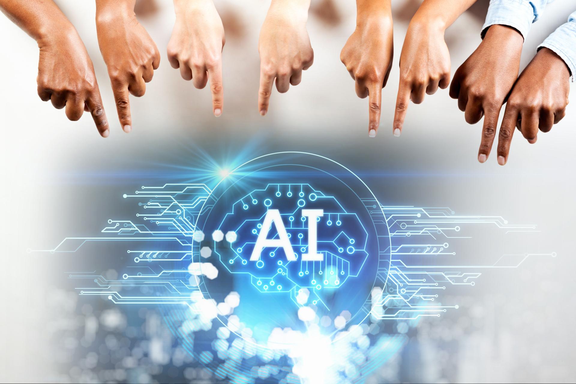 people hand pointing AI technology digital graphic design black background, AI machine learning hands of robot science and artificial intelligence technology innovation and futuristic