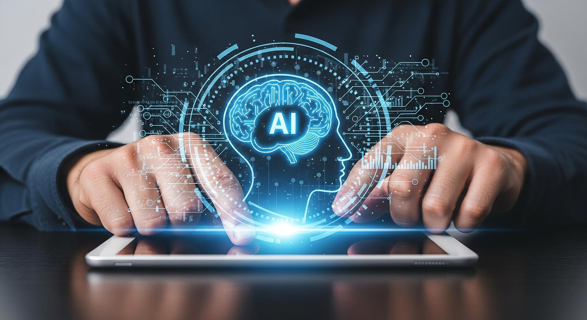 Man using digital tablet AI brain interface concept futuristic technology innovation and digital transformation modern workspace