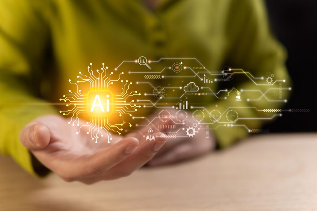 Technological advancement of the modern high-tech future world, intelligent AI assistants created by humans, widespread use connecting all lines of work around the world, amazing advancements.