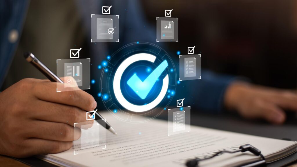 A business concept showing digital document approval and quality assurance with check marks, symbolizing verification, compliance, and efficient performance evaluation for corporate management.