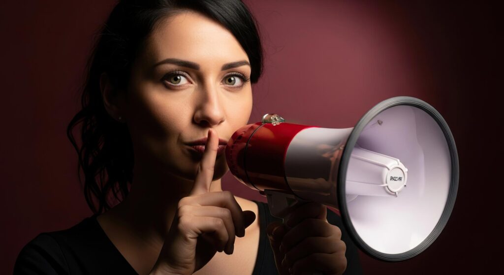 Woman Holding Megaphone Shushing Gesture Secret Announcement Public Speaking Marketing Information Dissemination Concept