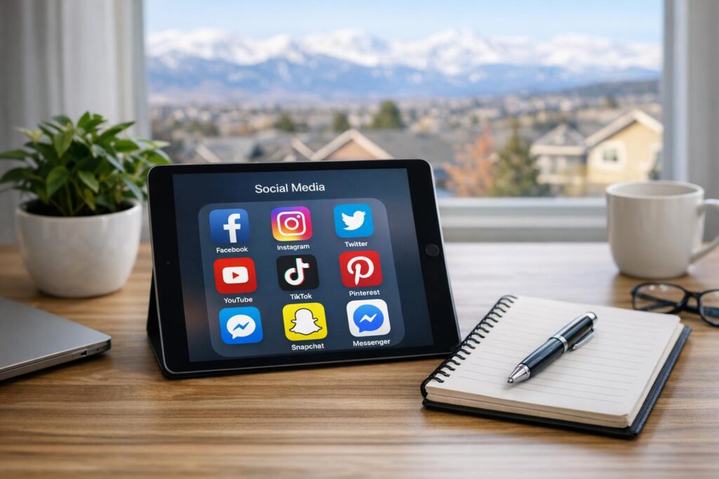 Stock photo of a modern desk with tablet showing social media icons, notepad, pen, and a Highlands Ranch, Colorado view through an office window, representing business social media strategy.