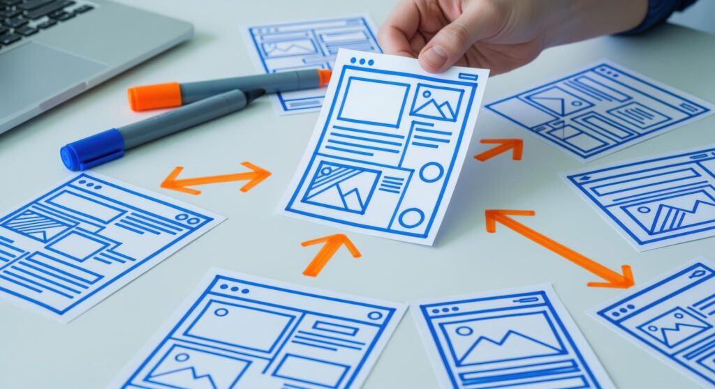 Website Design Process Hand Holding Paper Wireframe Cards with Arrows on a White Table