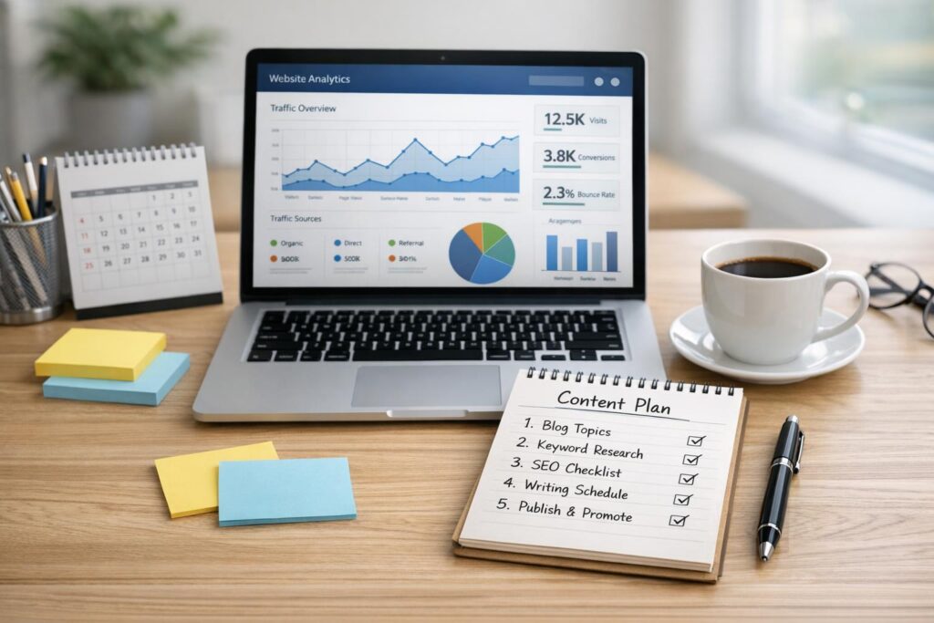 A tidy desk with a laptop showing website analytics, notepad with content plan, and productivity tools, representing a small business content SEO strategy workspace.