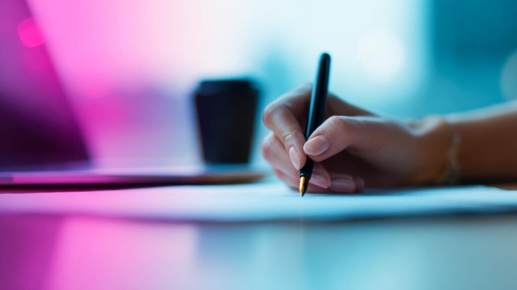 Soft focus silhouettes of a person writing creatively in a modern workspace