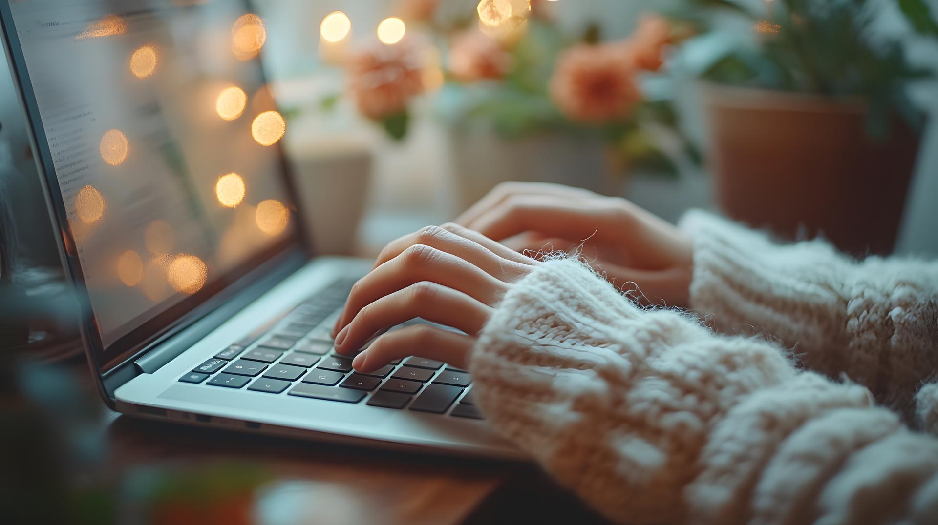 Close-up of hands typing on a laptop in a neat and organized home workspace, with minimalistic decor and a small plant.