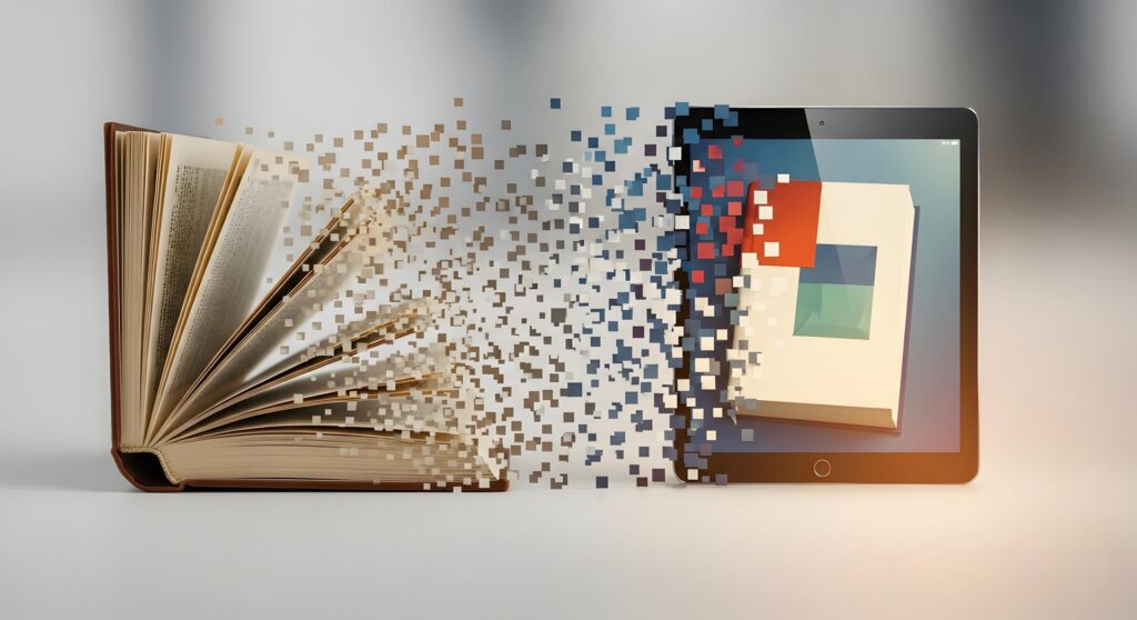 Book transforming into a modern digital tablet