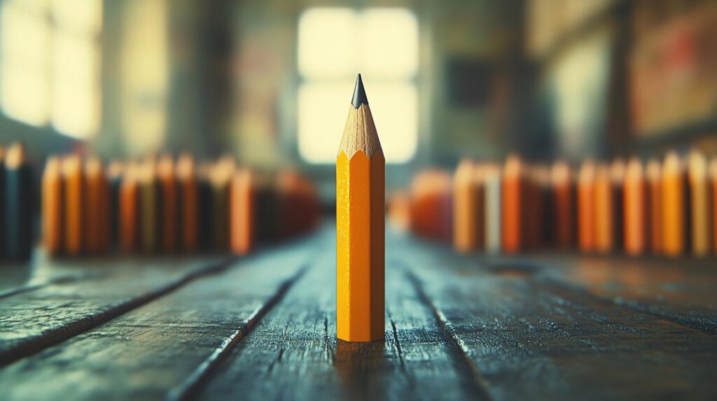 Single sharpened yellow pencil stands out from blurred background of many pencils on wooden table.