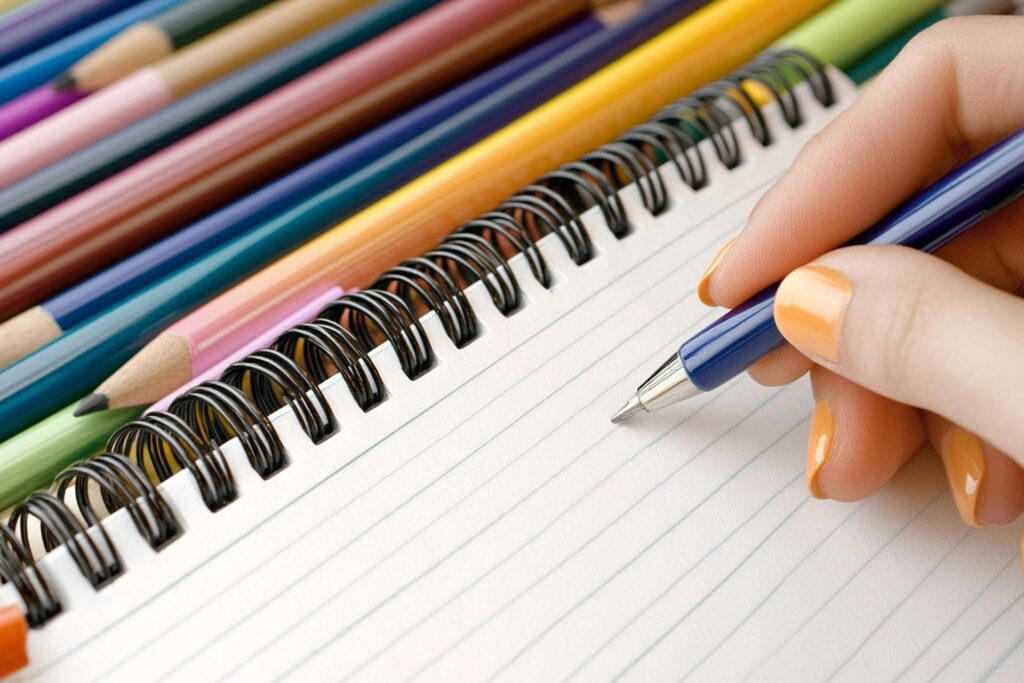 A person's hand writing on a notebook with a pen