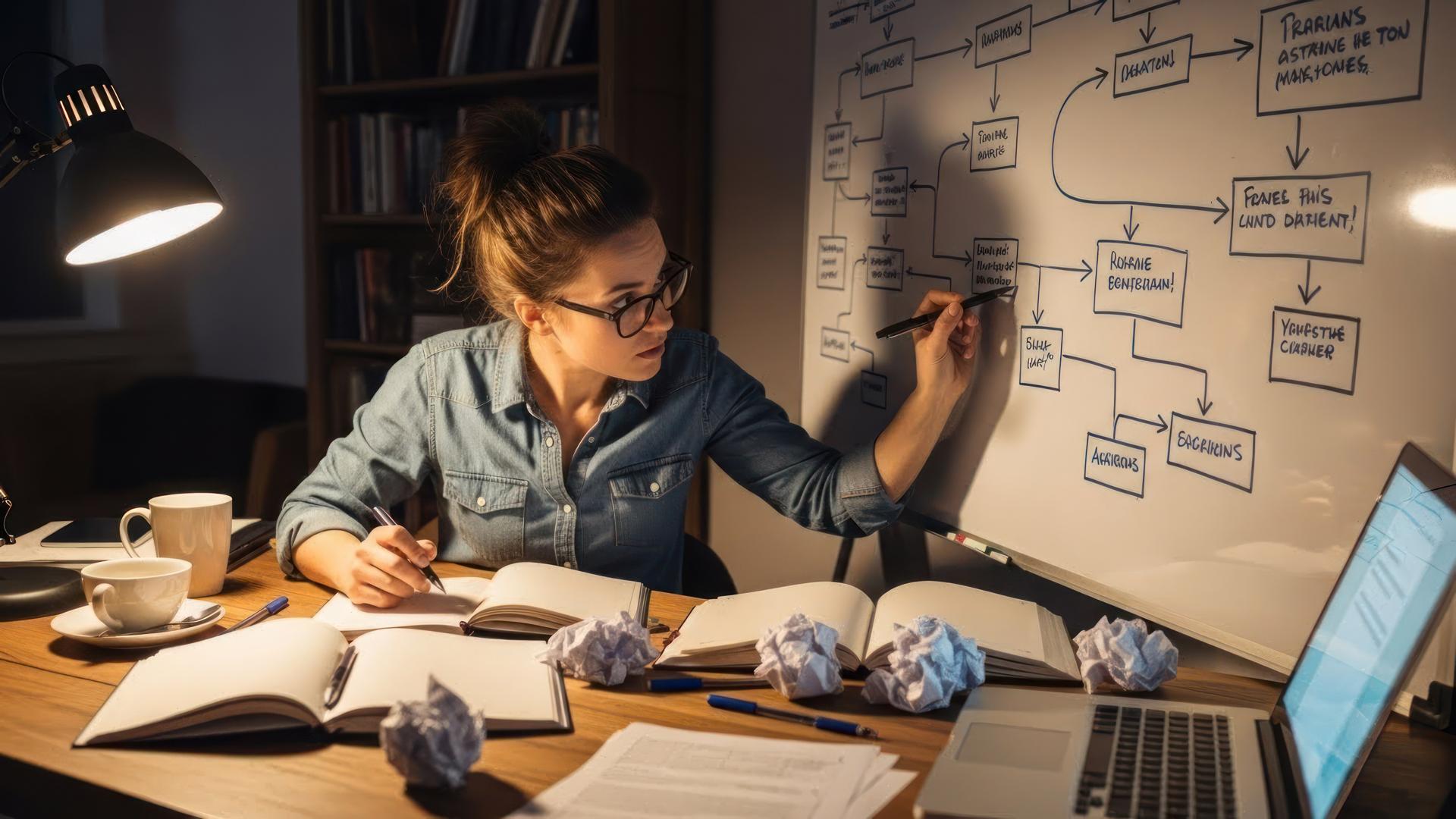 A woman is writing on a whiteboard